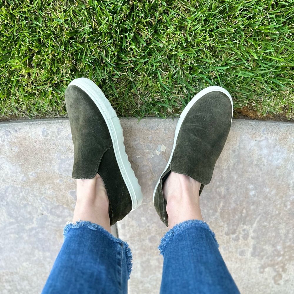 J/slides suede platform sneakers olive green slip-on leather J slides size 10